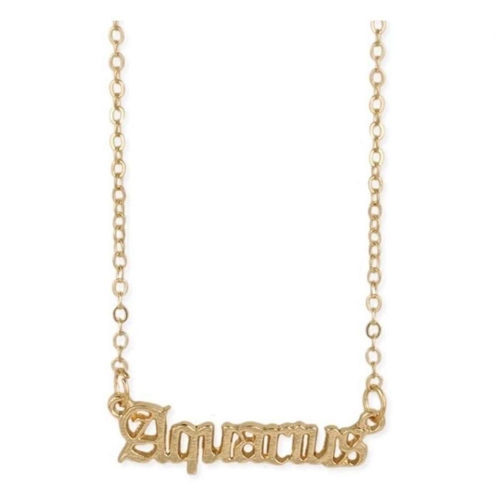 New Womens Boutique Aquarius Zodiac Horoscope Gold Script Bar Necklace 16-18”